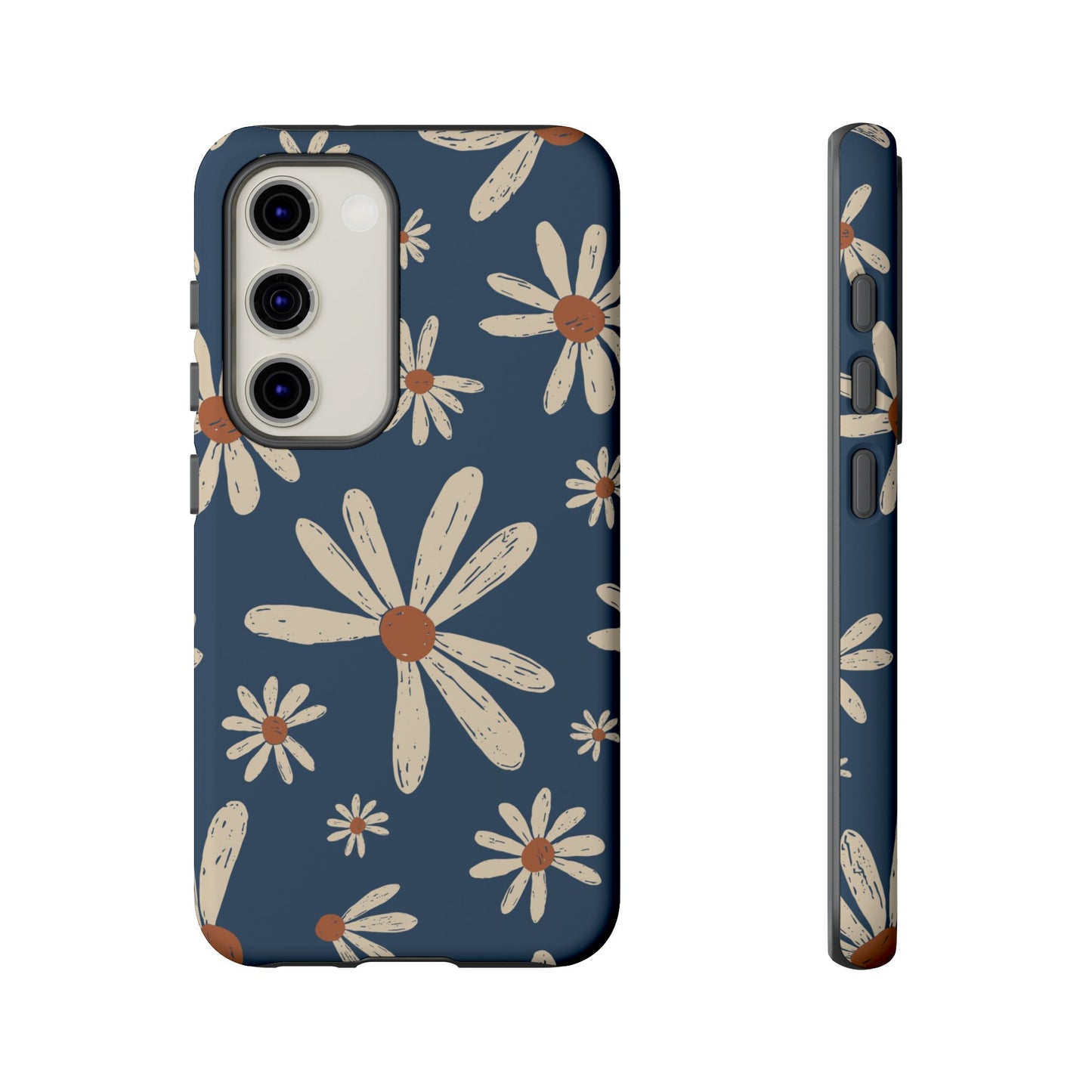 Vintage Daisies Samsung Galaxy Case – Navy Blue Floral Design, Scratch-Resistant with Shock-Absorbing Bumper
