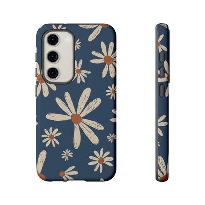Vintage Daisies Samsung Galaxy Case – Navy Blue Floral Design, Scratch-Resistant with Shock-Absorbing Bumper