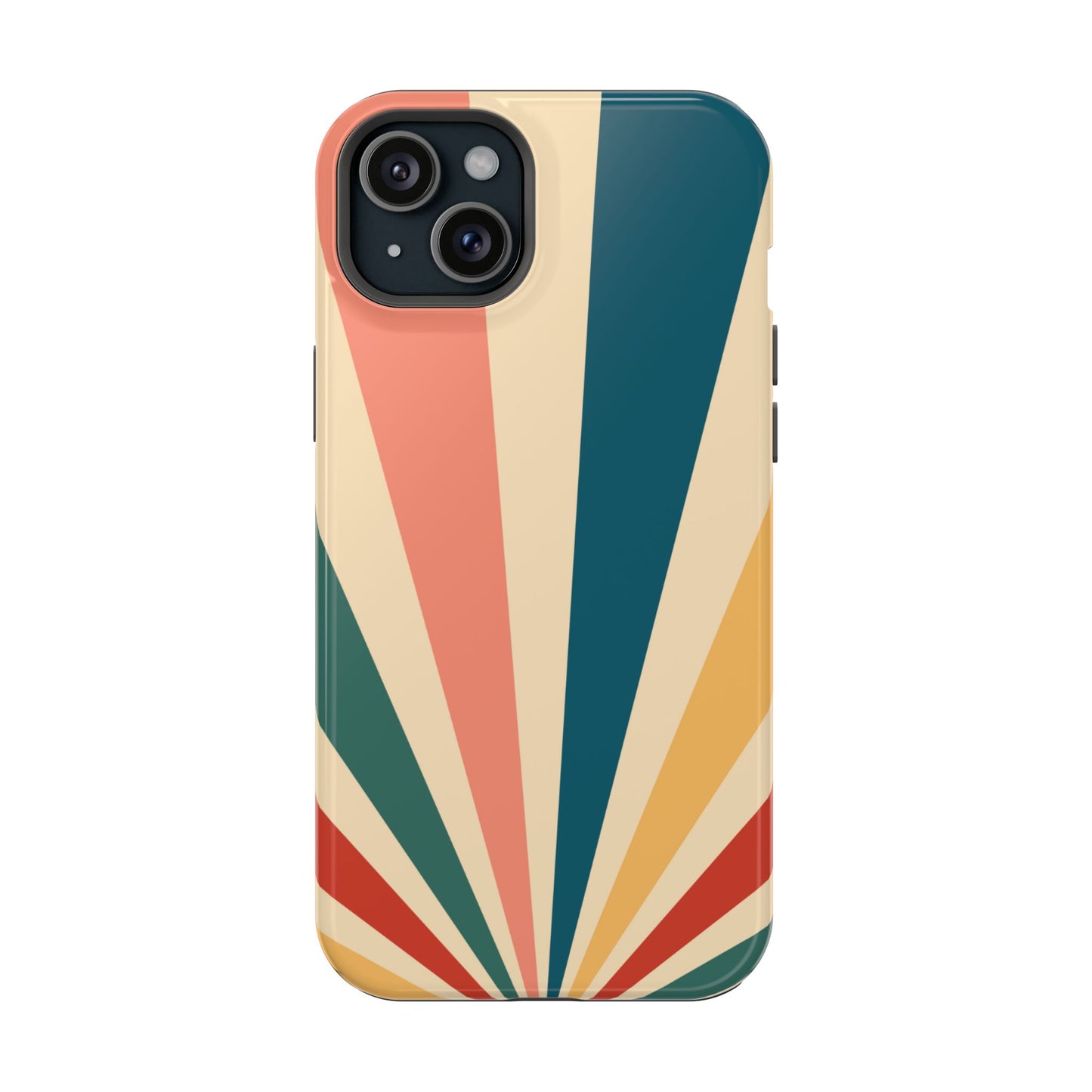 Retro Sunbeam MagSafe iPhone Case – 70s-Inspired Radiating Stripes in Coral, Teal, and Mustard