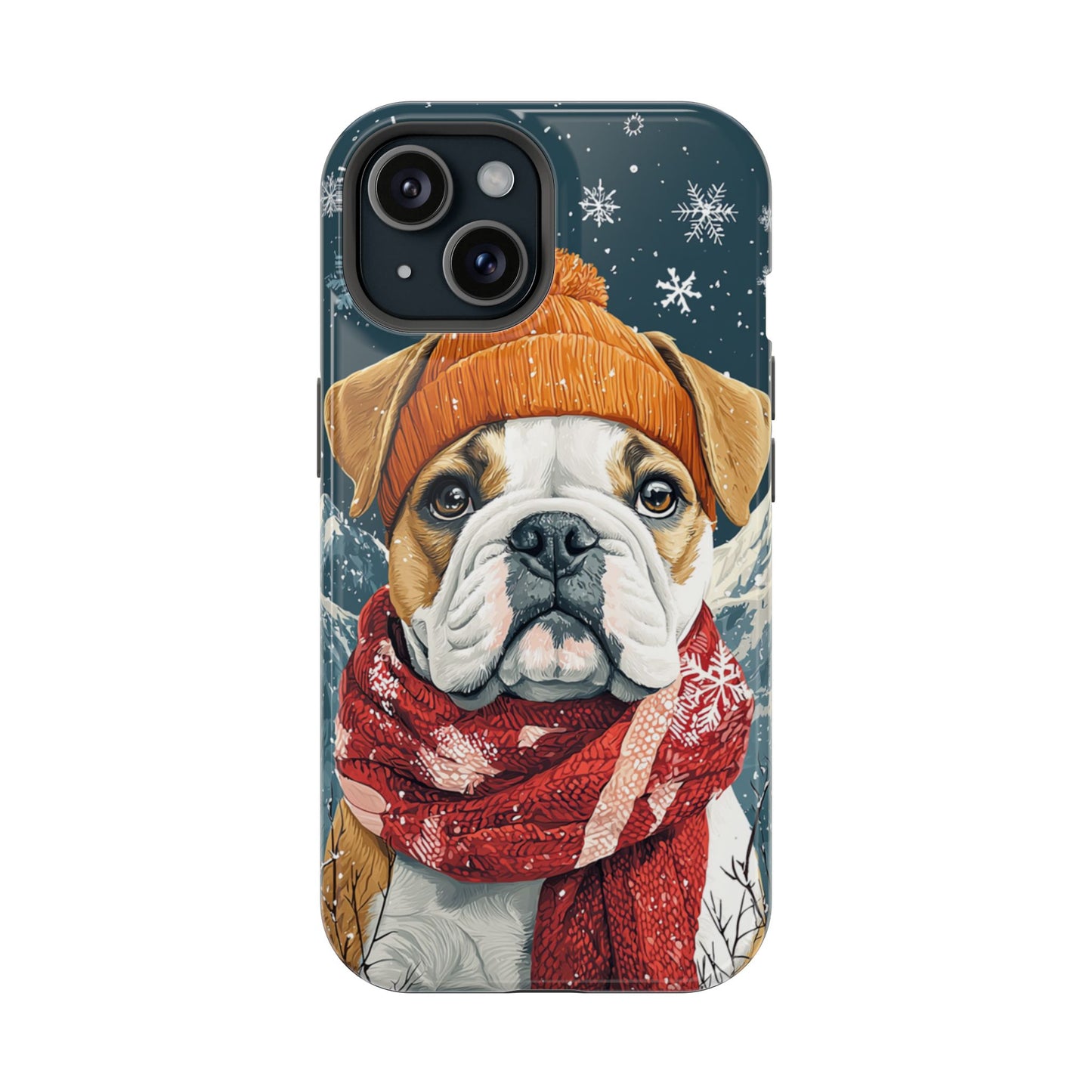 Cozy French Bulldog MagSafe iPhone Case – Rustic Fireplace Protective Cover