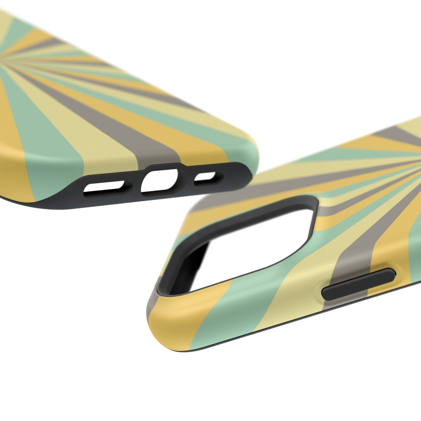 Vintage Sunburst Rays MagSafe iPhone Case – Bold 70s-Inspired Burst in Yellow, Mint, and Gray