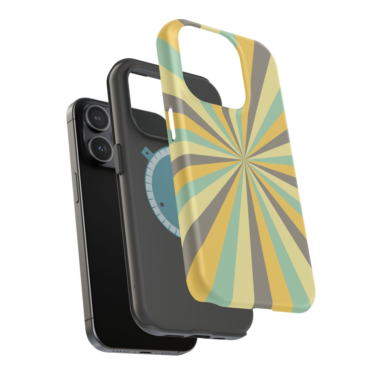 Vintage Sunburst Rays MagSafe iPhone Case – Bold 70s-Inspired Burst in Yellow, Mint, and Gray