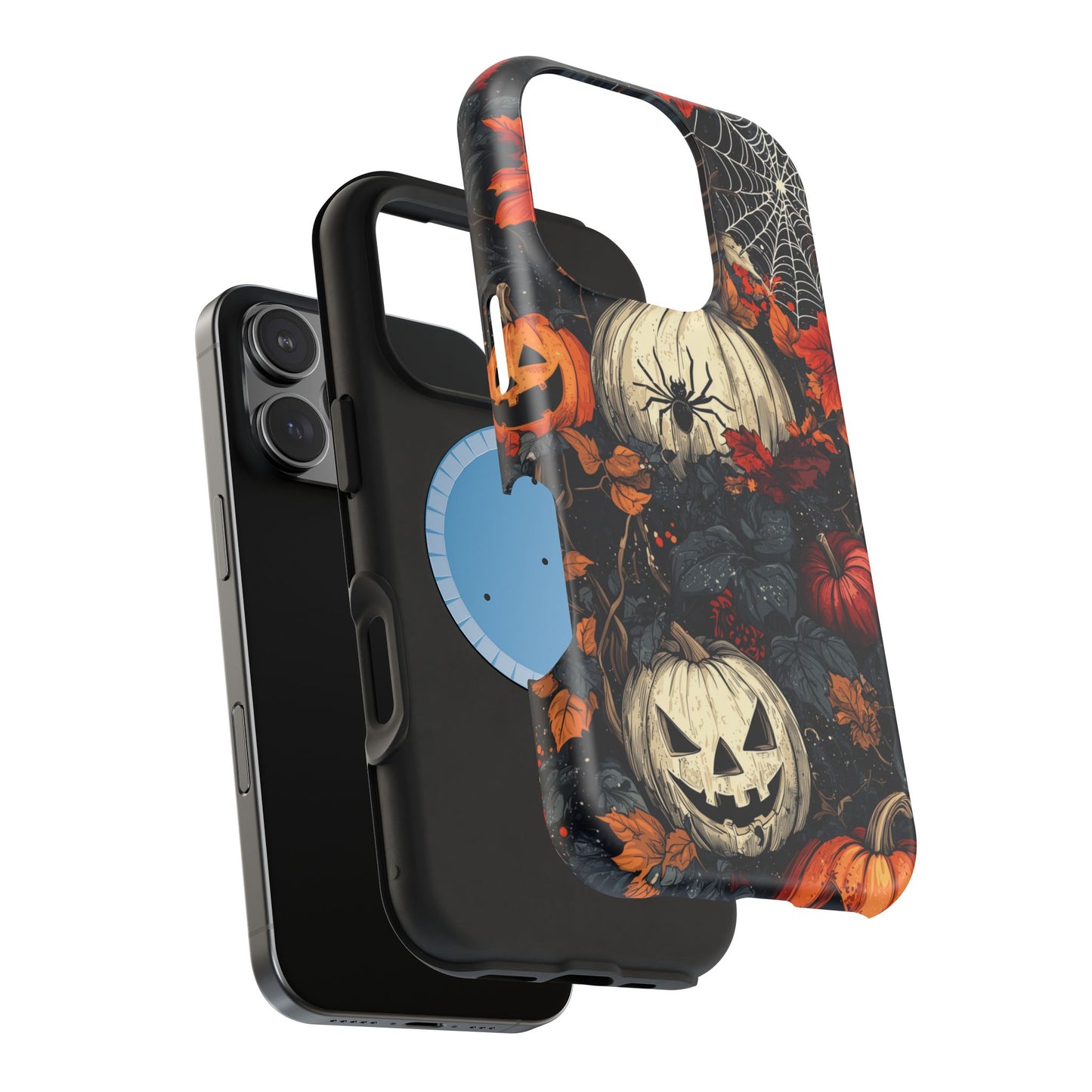 Hauntingly Elegant Halloween MagSafe iPhone Case – Pumpkins, Spiders, and Autumn Leaves Design