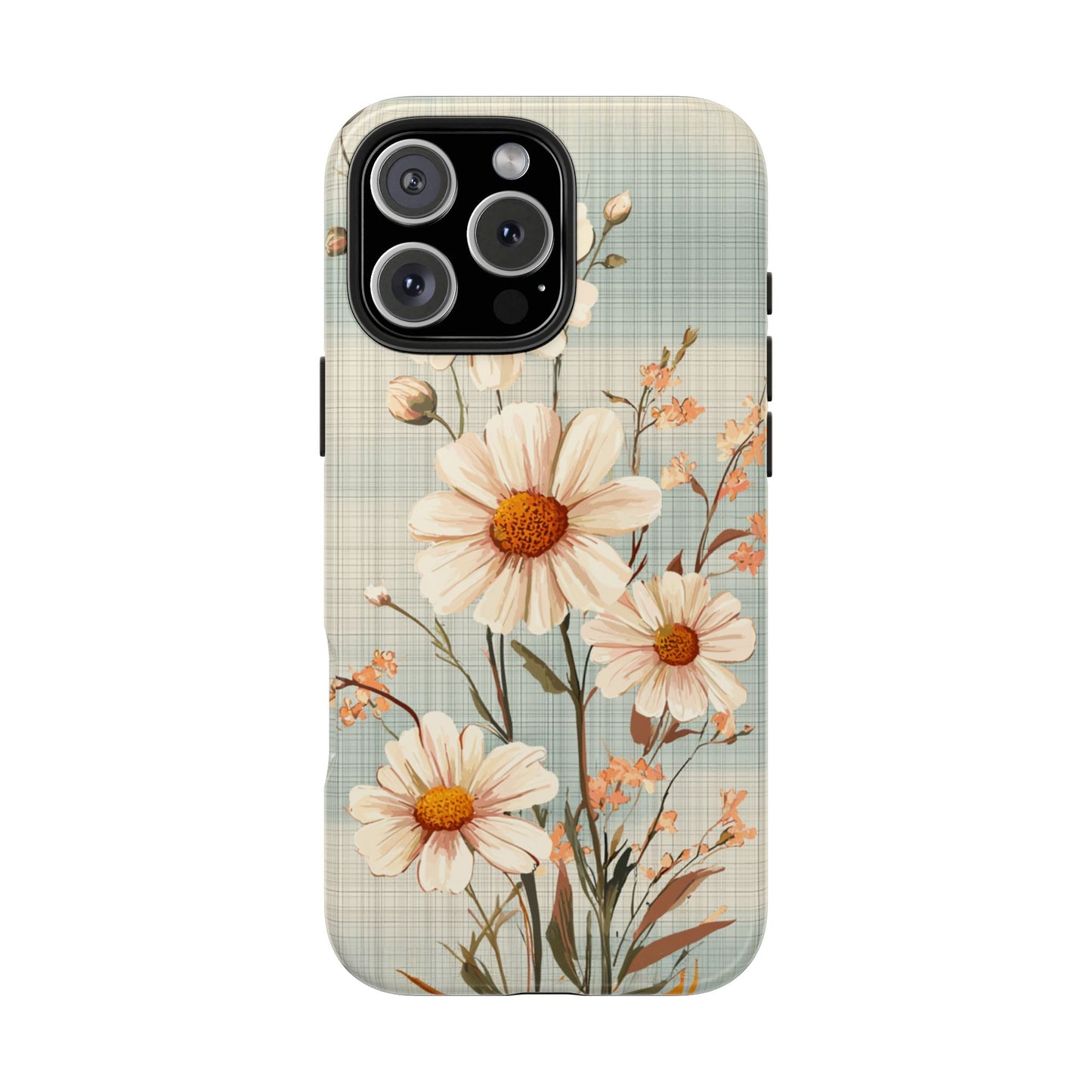 Vintage Plaid & Daisy Floral Tough iPhone Case – Dual-Layer Protection with Retro Flower Design