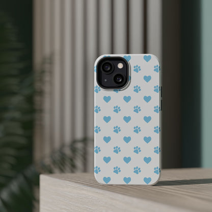 Blue Paw Prints & Hearts – MagSafe iPhone Case with Adorable Pet-Lover Design