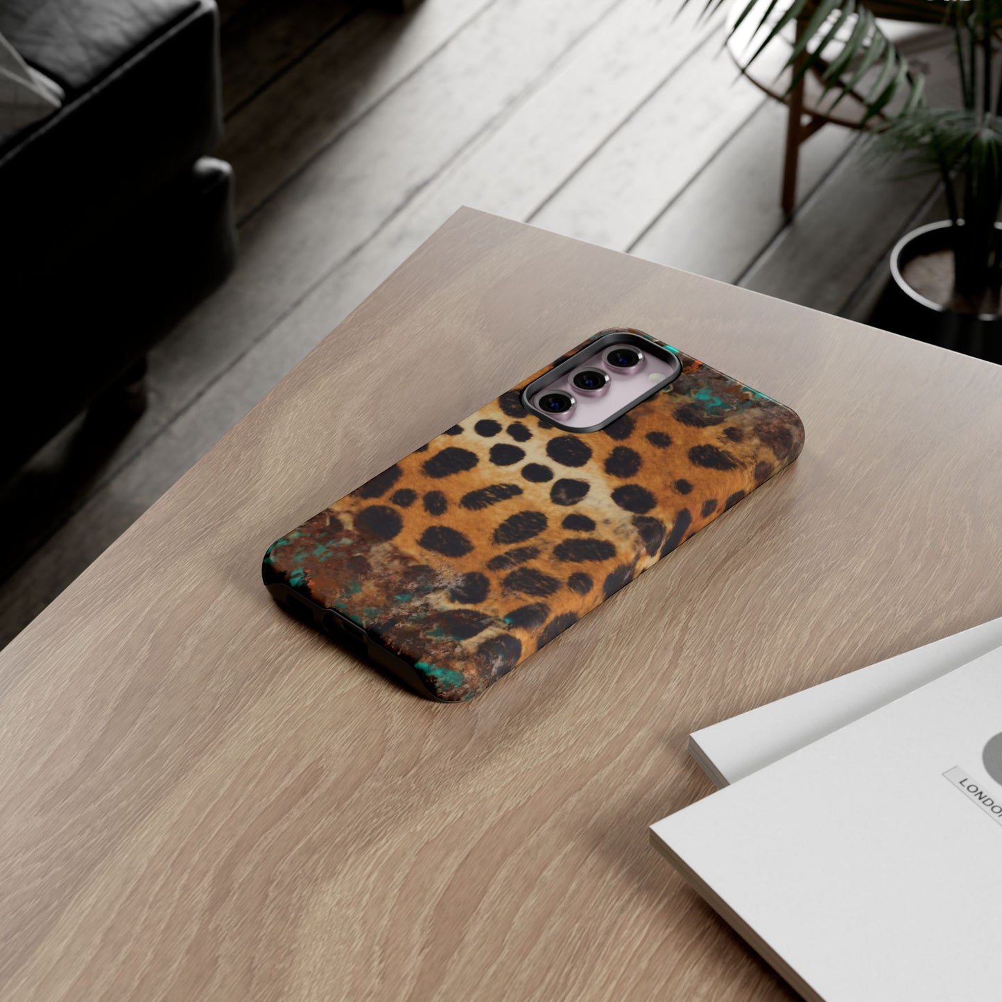 Rustic Leopard Print Tough Samsung Galaxy Case – Distressed Turquoise and Animal Pattern with Dual-Layer Protection