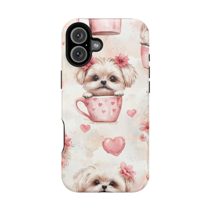 Floral Puppy in Teacup MagSafe iPhone Case – Cute Pink Flower Design, Tough Dual-Layer Protection