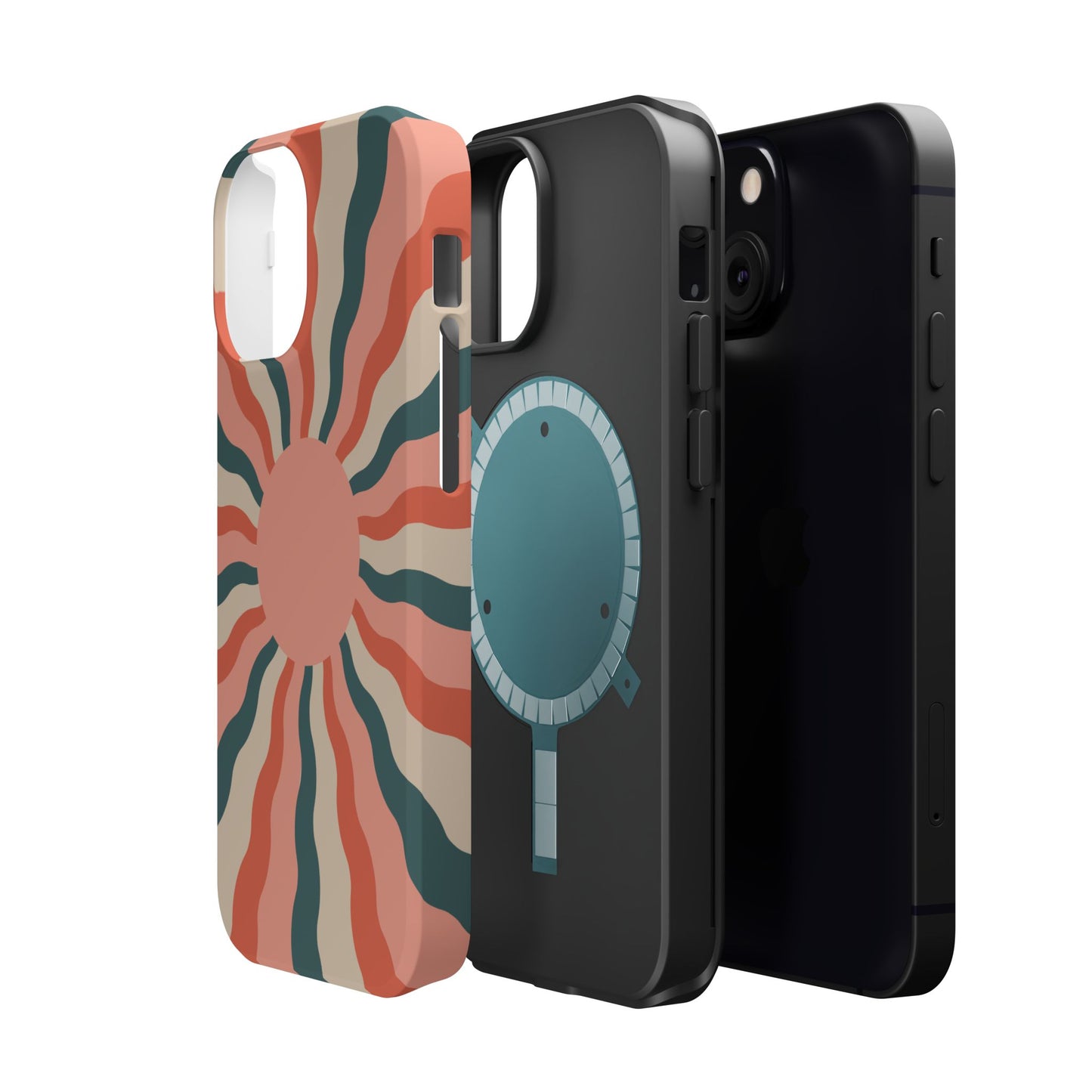 Retro Sunburst MagSafe iPhone Case – Bold 70s-Inspired Waves in Coral, Teal, and Cream