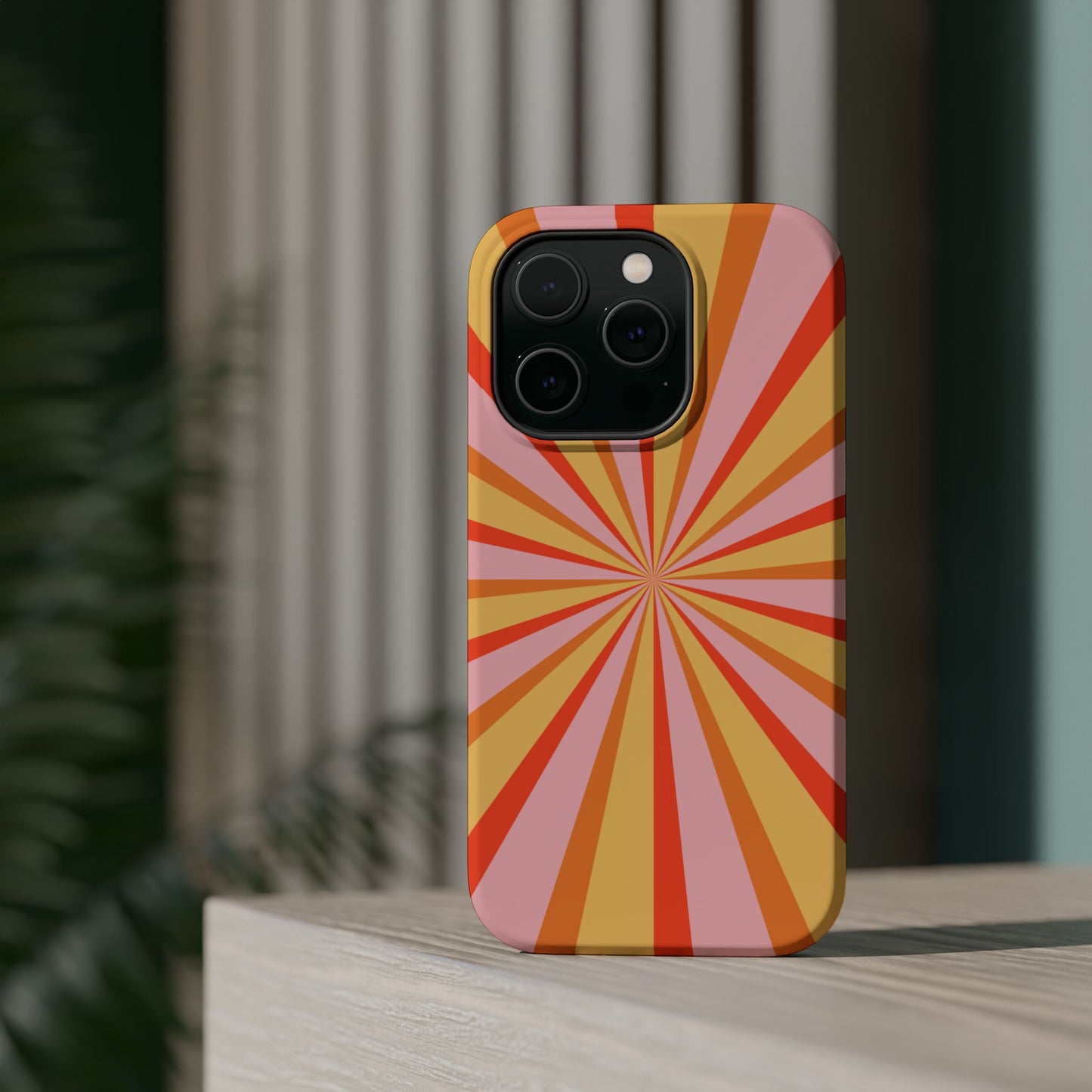 Bold Retro Sunburst MagSafe iPhone Case – Vibrant 70s-Inspired Rays in Orange, Pink, and Yellow