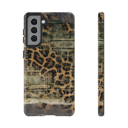 Rustic Wood and Leopard Print Tough Samsung Galaxy Case – Distressed Western Design with Dual-Layer Protection