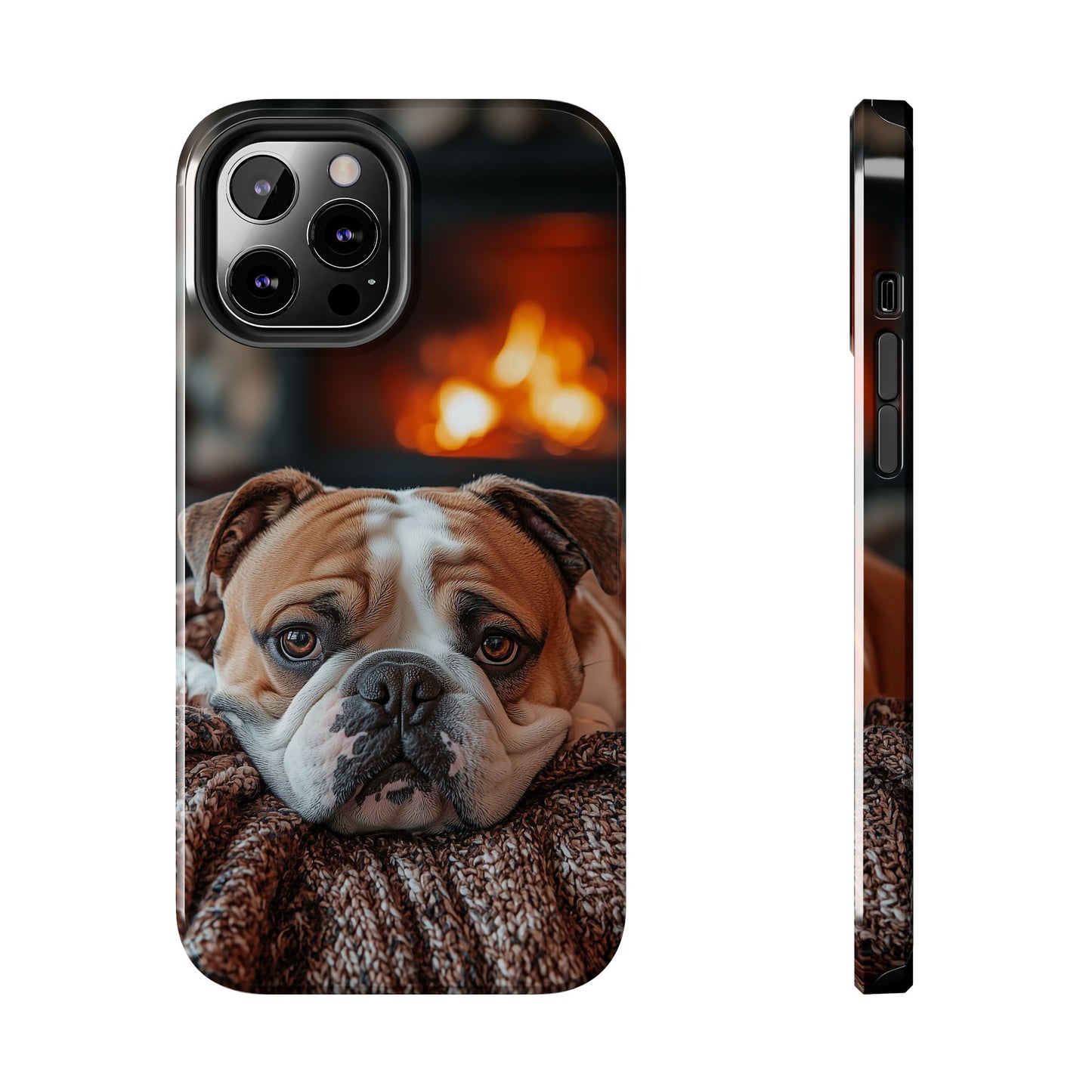 Cozy Bulldog iPhone Case – Fireside-Inspired Protective Cover Description: