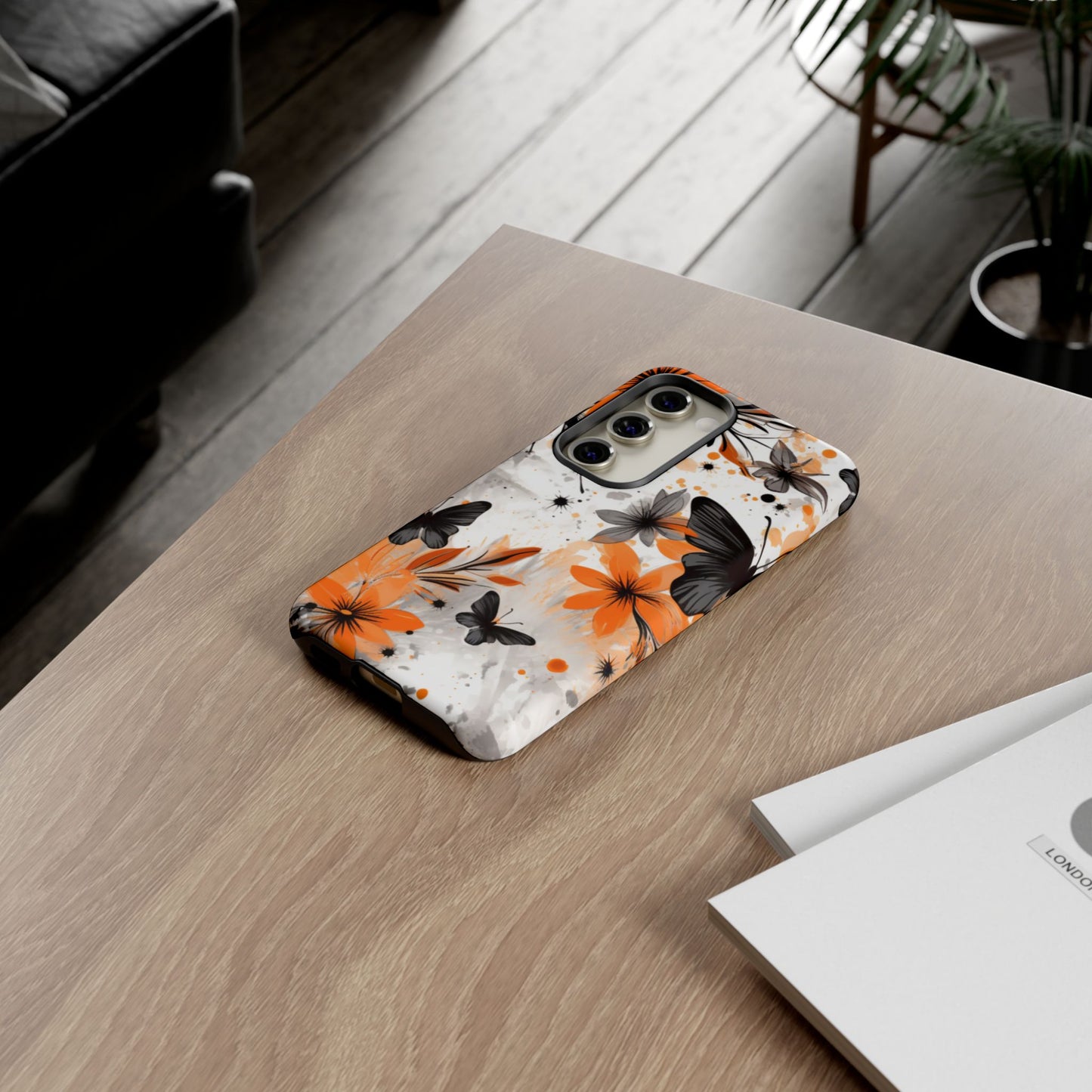 Orange Blossom & Black Butterfly Samsung Galaxy Case – Bold Floral Pattern with Modern Abstract Style