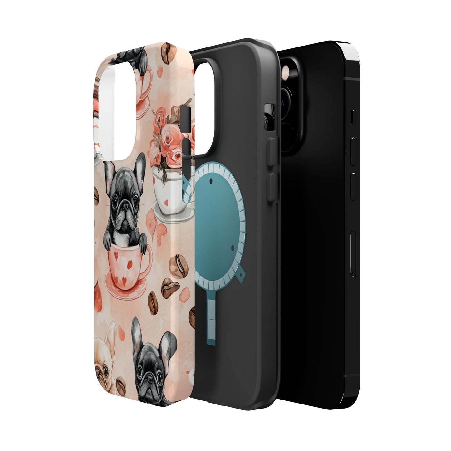 French Bulldogs in Heart Teacups MagSafe iPhone Case – Cute Dog & Floral Design, Shockproof Protection