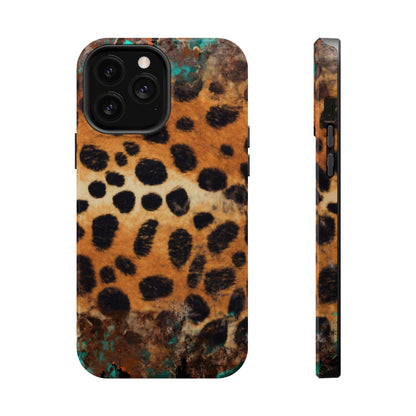 Rustic Leopard Print Tough MagSafe iPhone Case – Distressed Turquoise and Animal Pattern with Dual-Layer Protection