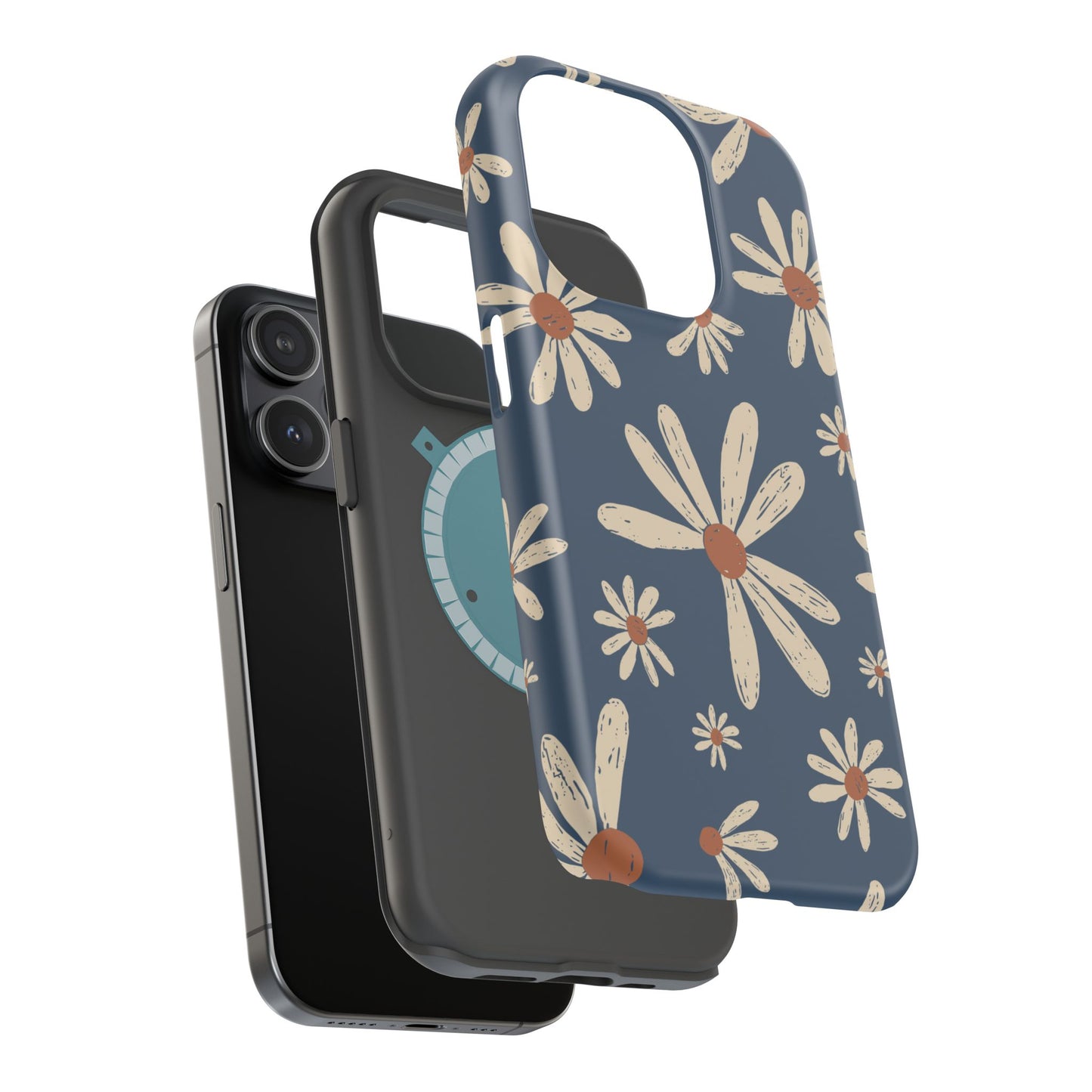 Vintage Daisies MagSafe iPhone Case – Navy Blue Floral Design, Scratch-Resistant with Shock-Absorbing Bumper