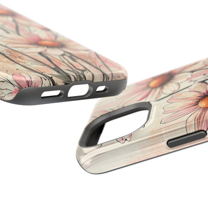 Pastel Pink Daisy MagSafe iPhone Case - Elegant Floral Plaid Protective Cover