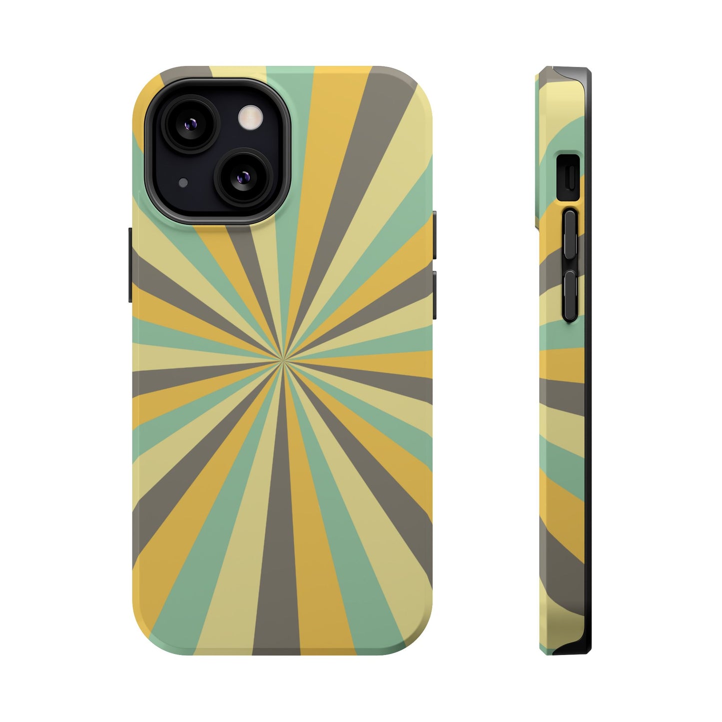 Vintage Sunburst Rays MagSafe iPhone Case – Bold 70s-Inspired Burst in Yellow, Mint, and Gray