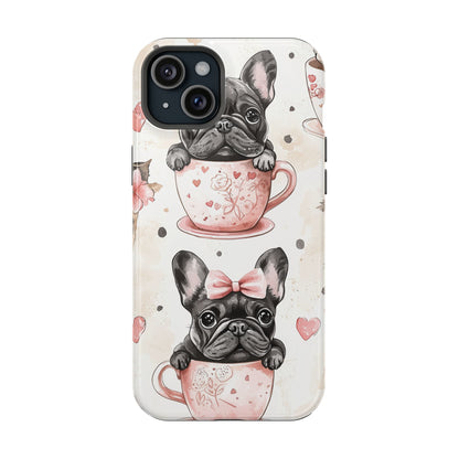 French Bulldogs in Teacups MagSafe iPhone Case – Cute Dog Design with Hearts & Bows, Shockproof & Slim