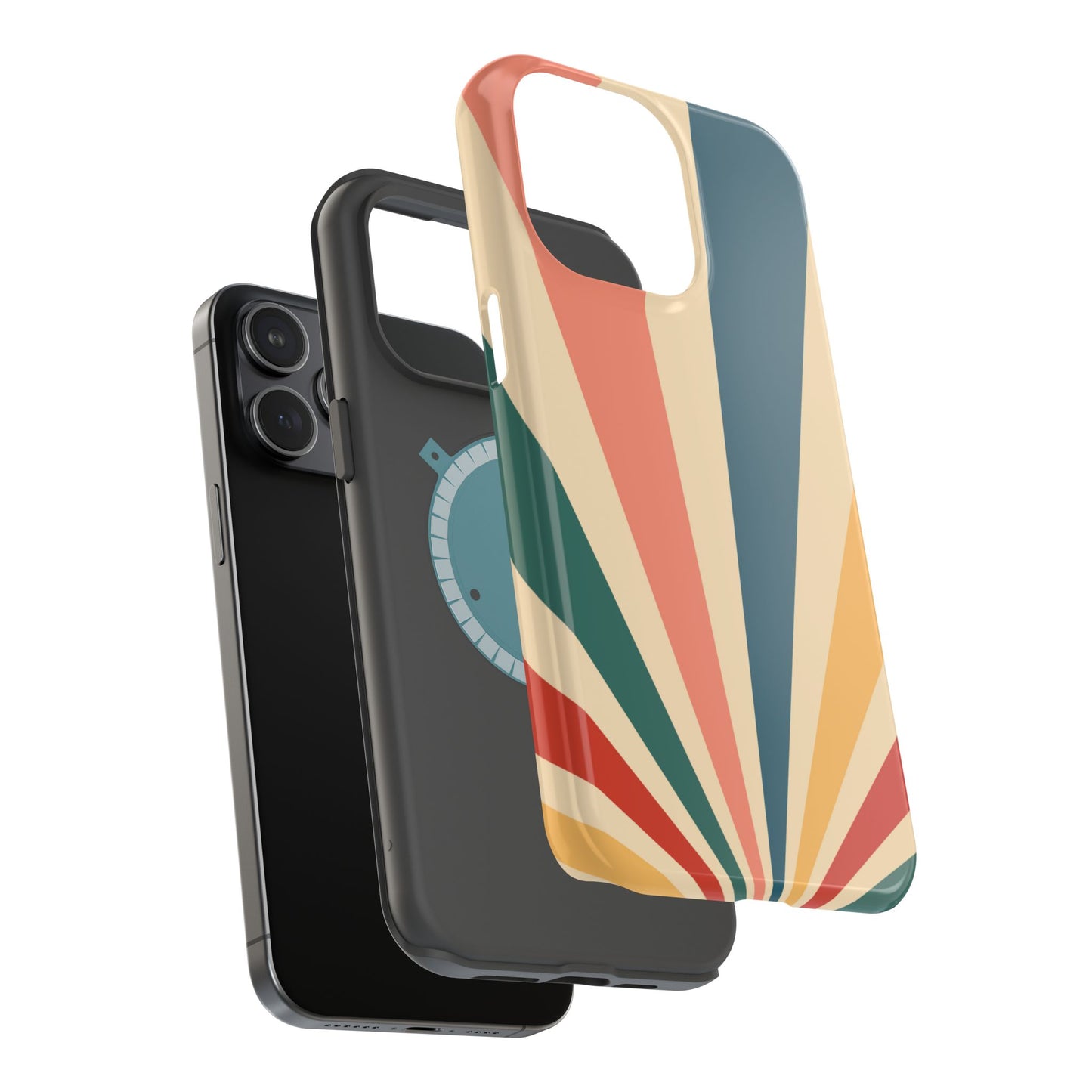 Retro Sunbeam MagSafe iPhone Case – 70s-Inspired Radiating Stripes in Coral, Teal, and Mustard