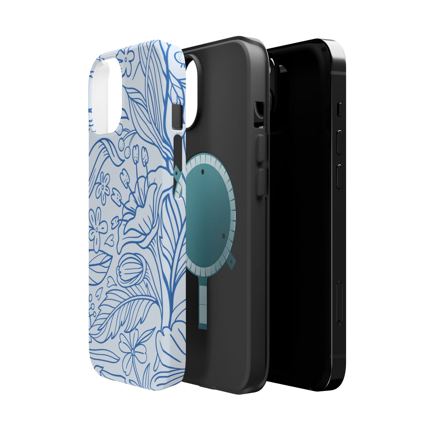 Dusty Blue Floral Line Art Tough MagSafe iPhone Case – Minimalist Botanical Design with Dual-Layer Protection