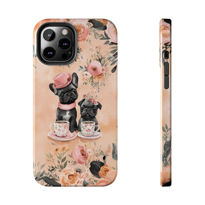 Floral French Bulldogs iPhone Case – Elegant Dog Design with Tea Cups & Roses, Shockproof Protection - BOGO Cases