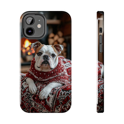 Cozy Bulldog in Sweater iPhone Case – Festive Fireplace Protective Cover