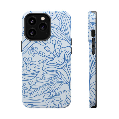 Dusty Blue Floral Line Art Tough MagSafe iPhone Case – Minimalist Botanical Design with Dual-Layer Protection