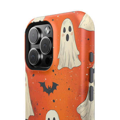 Spooky Ghosts & Bats  MagSafe iPhone Case – Vibrant Orange Halloween Design