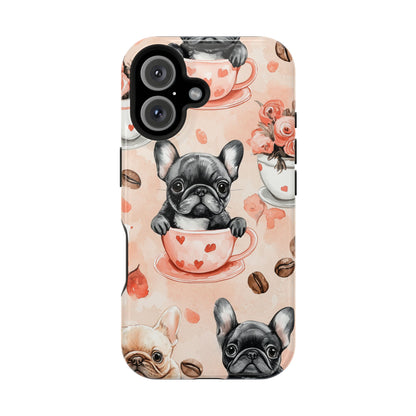 French Bulldogs in Heart Teacups MagSafe iPhone Case – Cute Dog & Floral Design, Shockproof Protection