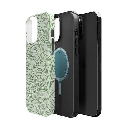 Sage Green Floral Line Art Tough MagSafe iPhone Case – Minimalist Botanical Design with Dual-Layer Protection