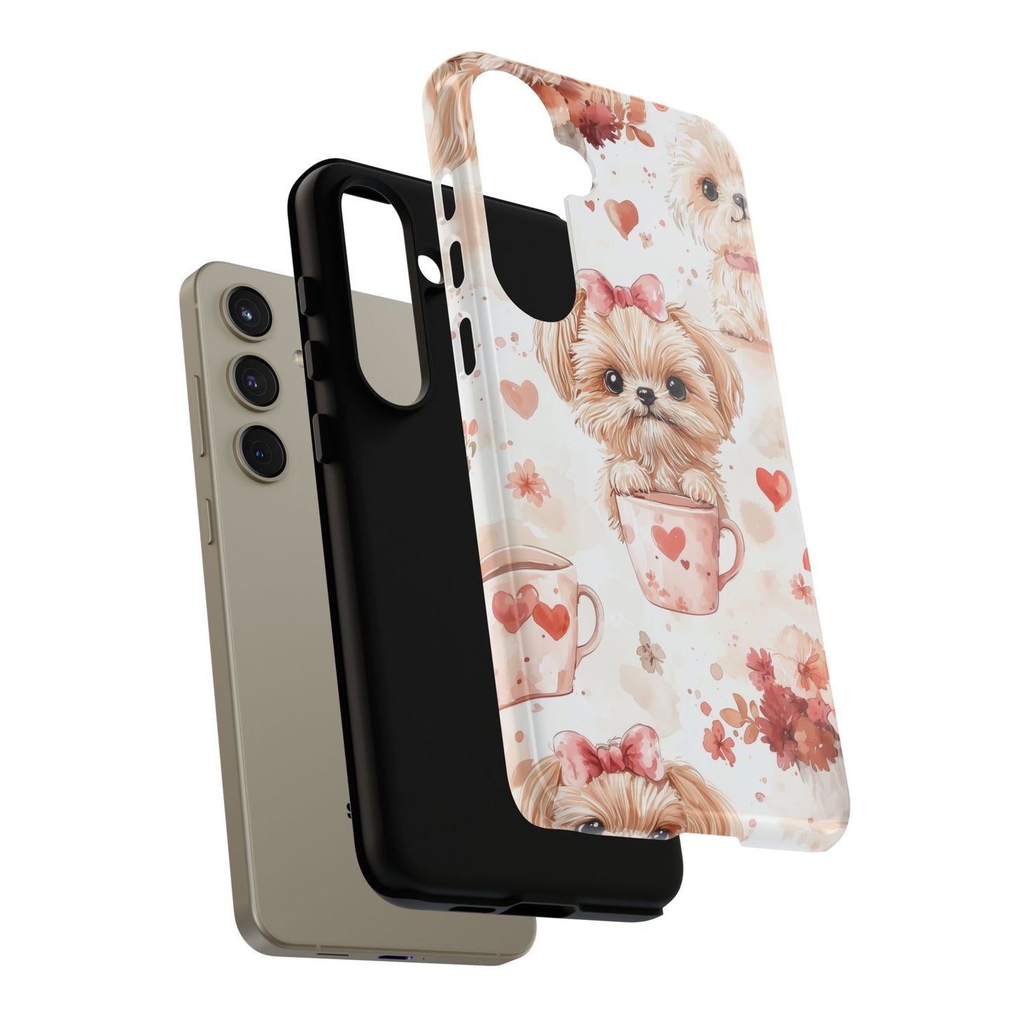 Puppies & Heart Mugs Samsung Galaxy Case – Sweet Dog & Floral Design, Shockproof & Slim