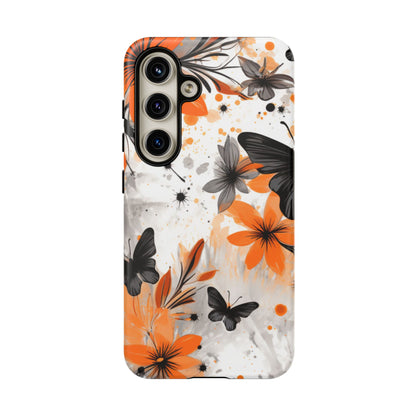 Orange Blossom & Black Butterfly Samsung Galaxy Case – Bold Floral Pattern with Modern Abstract Style