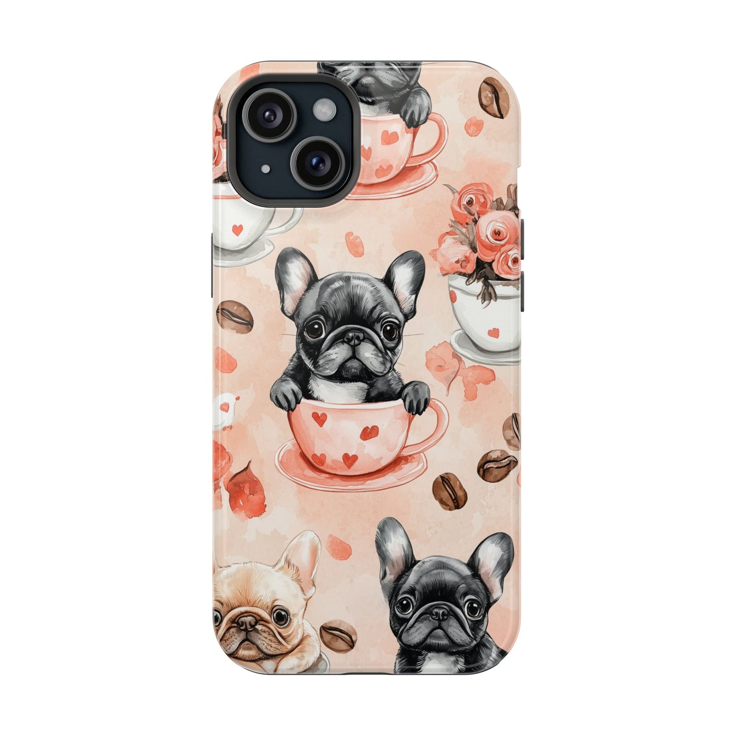 French Bulldogs in Heart Teacups MagSafe iPhone Case – Cute Dog & Floral Design, Shockproof Protection