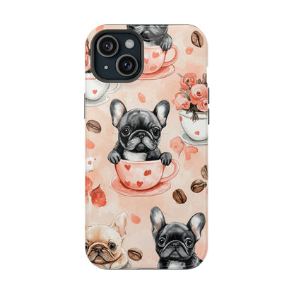 French Bulldogs in Heart Teacups MagSafe iPhone Case – Cute Dog & Floral Design, Shockproof Protection