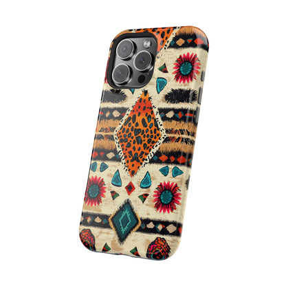 Wild Boho Leopard Print & Floral Tough MagSafe iPhone Case – Eclectic Tribal Design, Dual-Layer Protection