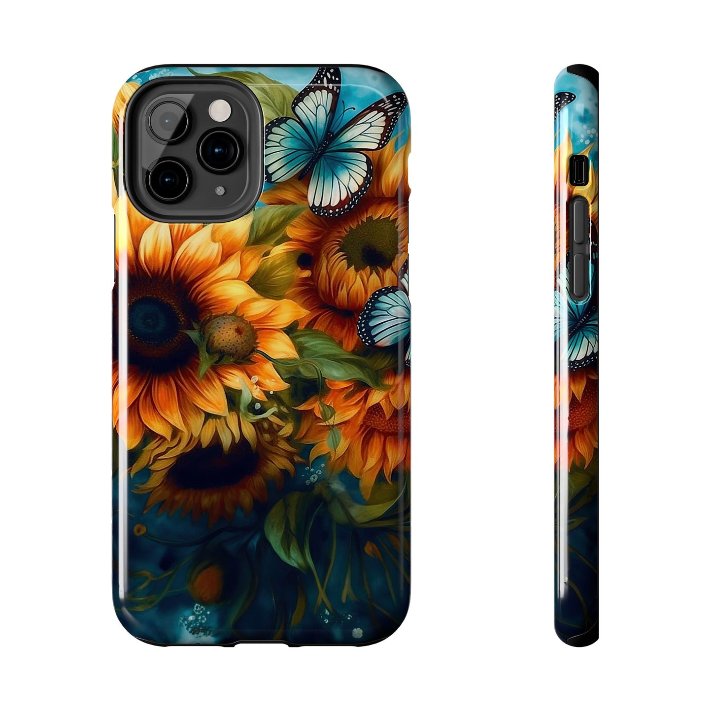 Aqua Blue Butterfly & Sunflower Art – iPhone Case