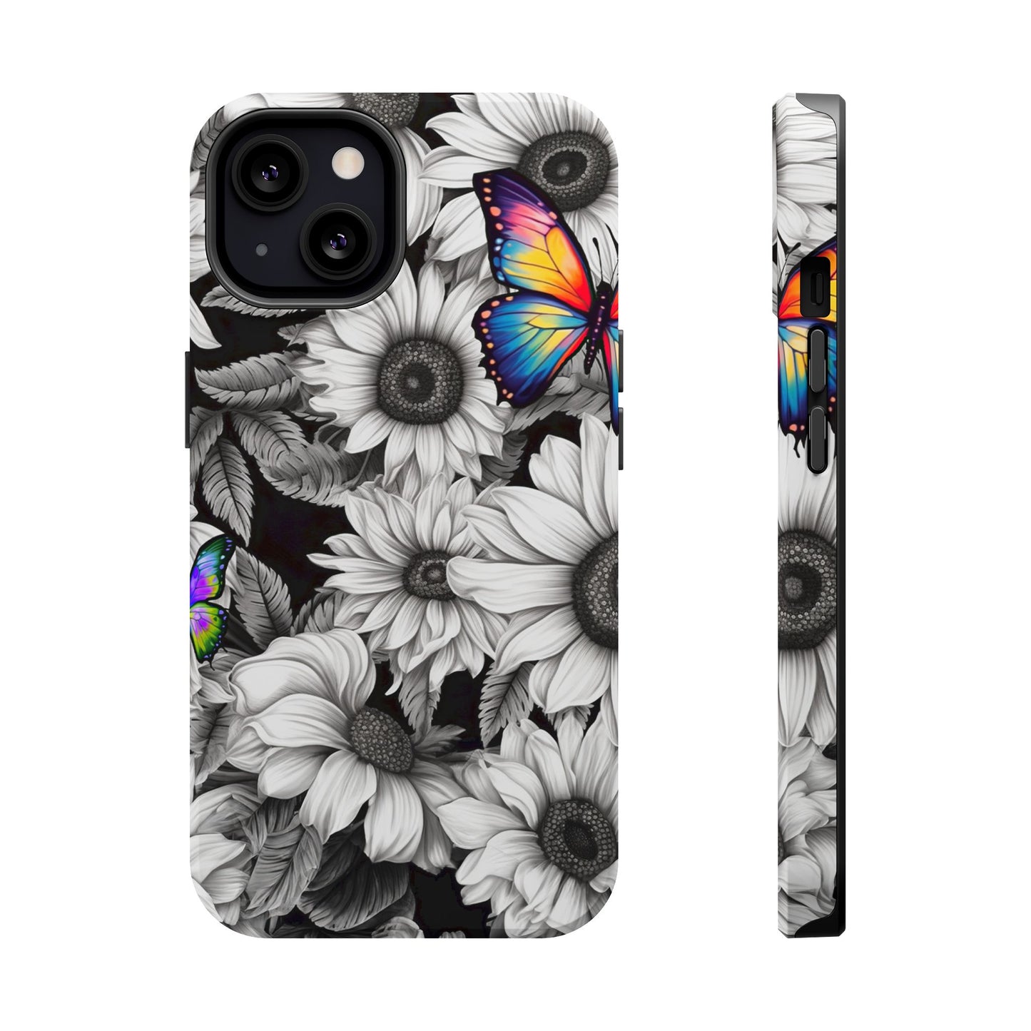 Rainbow Butterflies & Monochrome Sunflowers – MagSafe iPhone Case