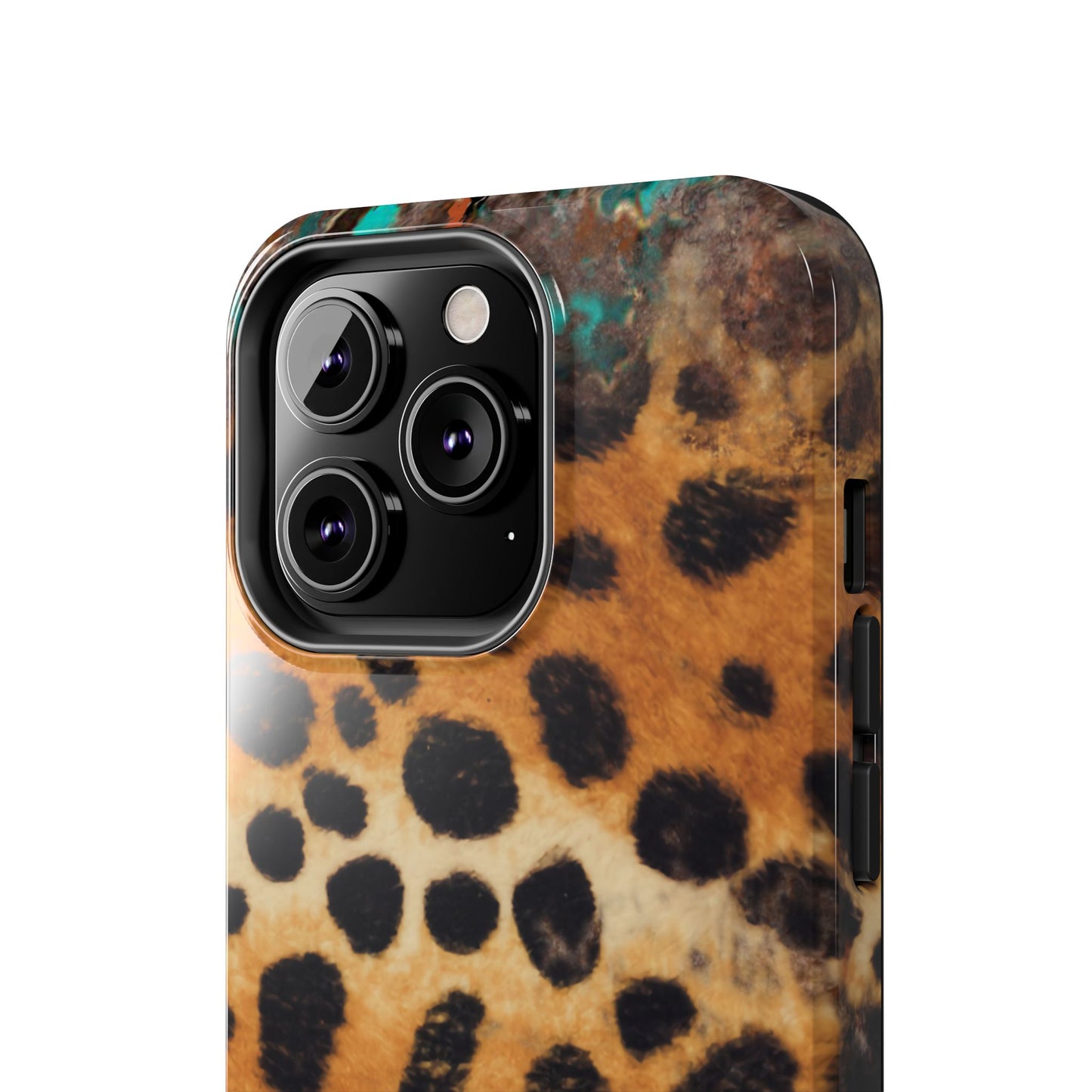 Rustic Leopard Print Tough iPhone Case – Distressed Turquoise and Animal Pattern with Dual-Layer Protection