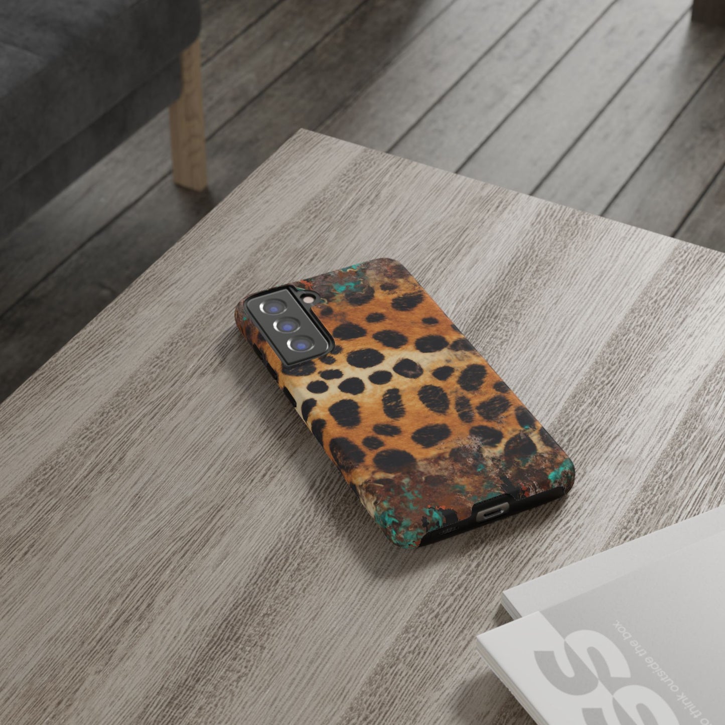 Rustic Leopard Print Tough Samsung Galaxy Case – Distressed Turquoise and Animal Pattern with Dual-Layer Protection