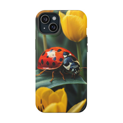 MagSafe iPhone Case: Vibrant Ladybug Amidst a Lush Yellow Flower Garden