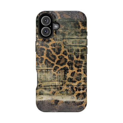 Rustic Wood and Leopard Print Tough MagSafe iPhone Case – Distressed Western Design with Dual-Layer Protection