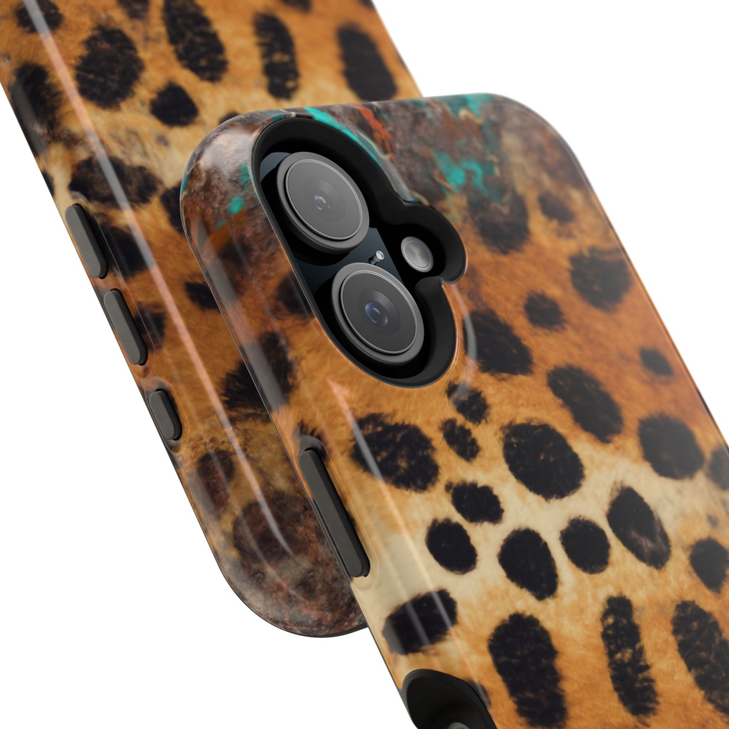 Rustic Leopard Print Tough MagSafe iPhone Case – Distressed Turquoise and Animal Pattern with Dual-Layer Protection