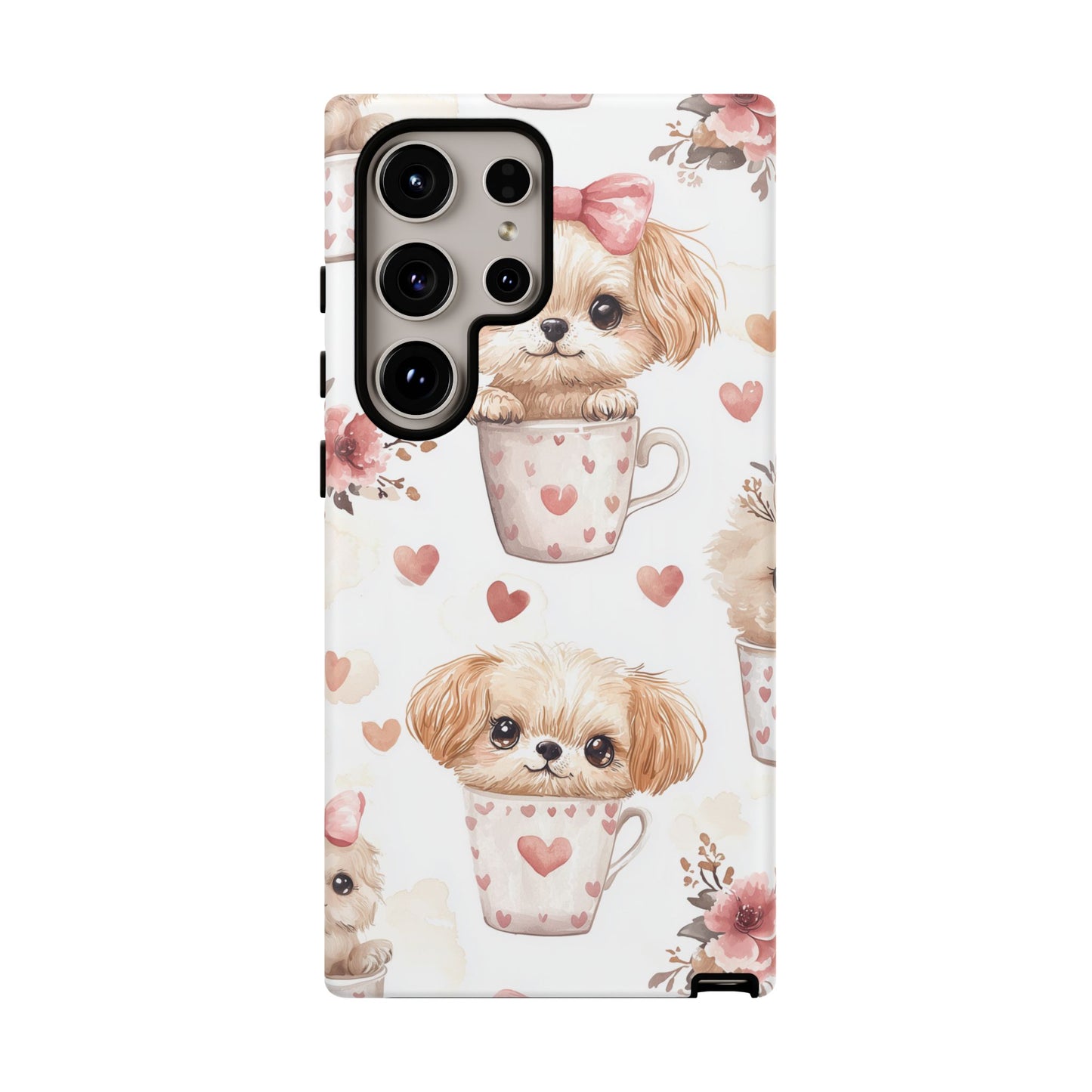 Cute Puppies in Heart Mugs Samsung Galaxy  Case – Adorable Dog & Floral Design, Shockproof & Slim