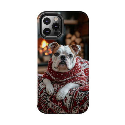 Cozy Bulldog in Sweater iPhone Case – Festive Fireplace Protective Cover