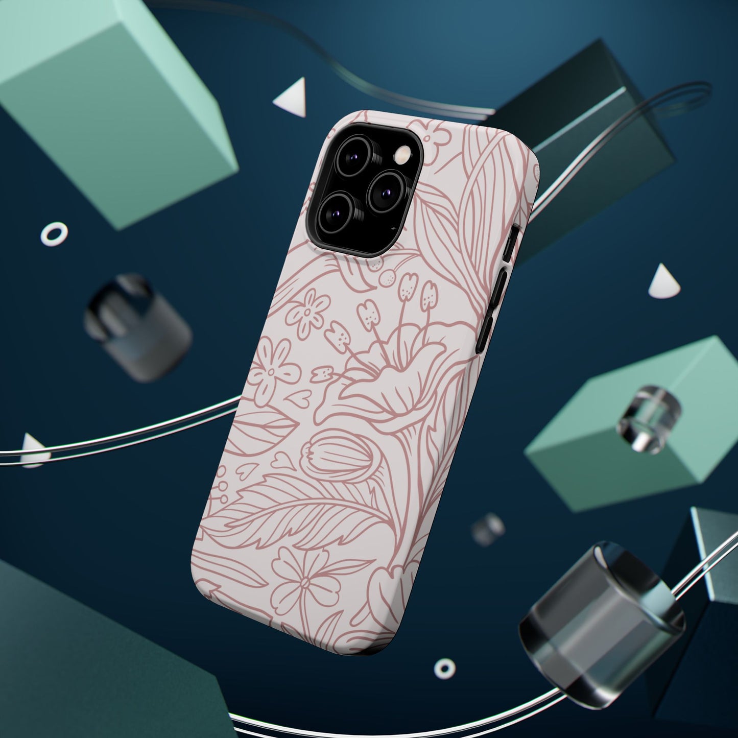 Blush Floral Line Art Tough MagSafe iPhone Case – Delicate Minimalist Design with Dual-Layer Protection