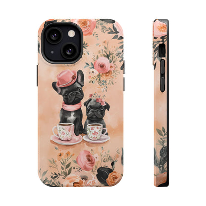 Floral French Bulldogs MagSafe iPhone Case – Elegant Dog Design with Tea Cups & Roses, Shockproof Protection