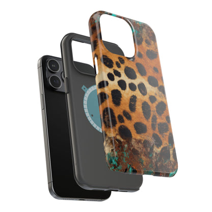 Rustic Leopard Print Tough MagSafe iPhone Case – Distressed Turquoise and Animal Pattern with Dual-Layer Protection