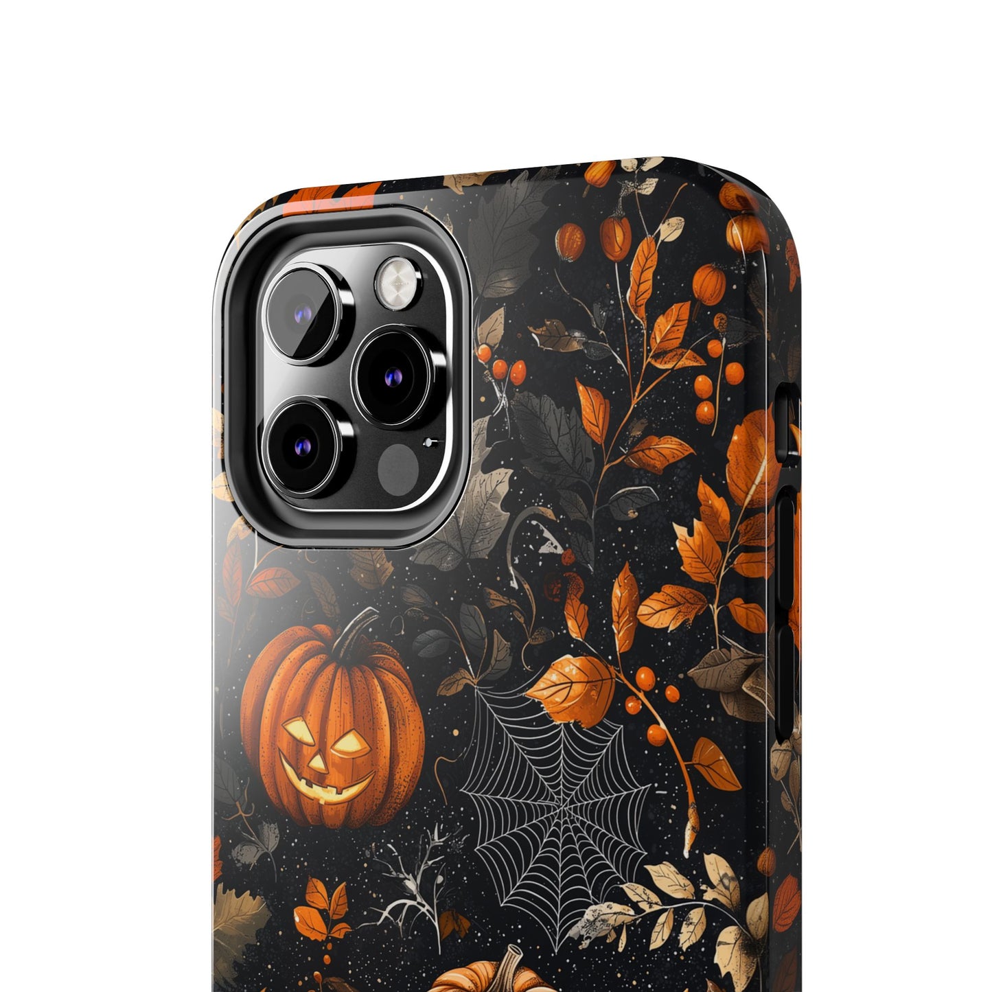 Elegant Halloween iPhone Case – Pumpkin Jack-o'-Lanterns, Cobwebs & Autumn Foliage Design