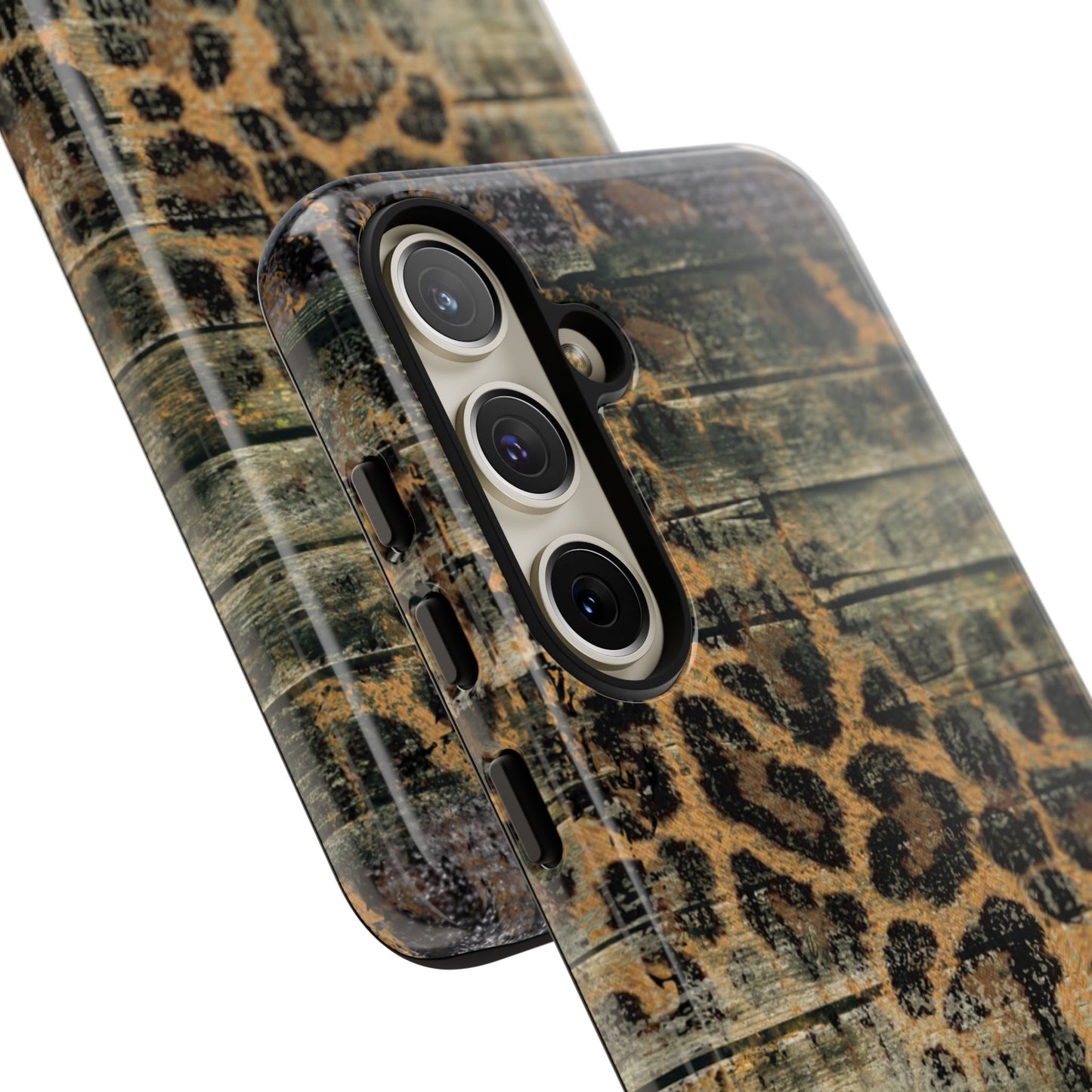 Rustic Wood and Leopard Print Tough Samsung Galaxy Case – Distressed Western Design with Dual-Layer Protection