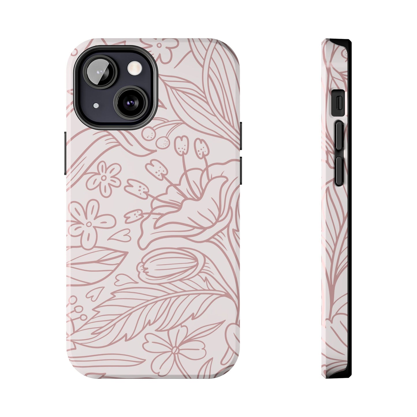 Blush Floral Line Art Tough iPhone Case – Delicate Minimalist Design with Dual-Layer Protection